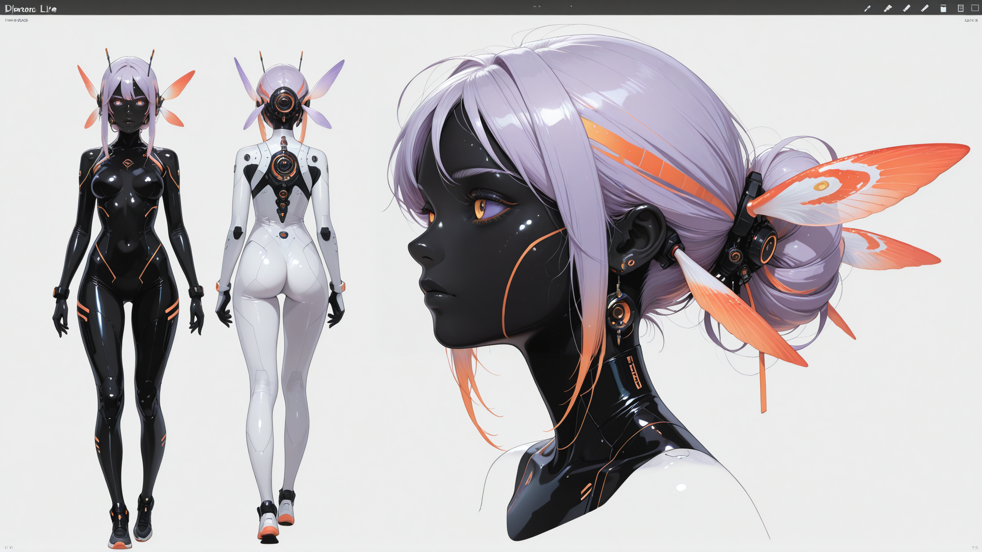 AI generated wallpaper featuring cyborg, robot, futuristic, character, design, anime, fashion, accessory, wing, hair