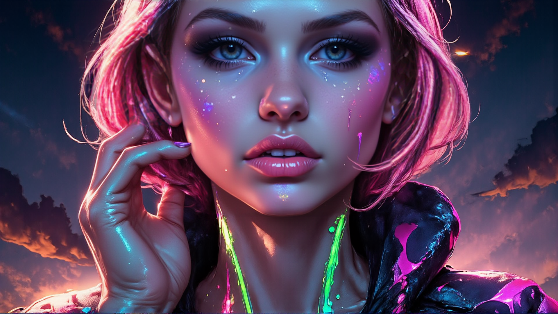 AI generated wallpaper featuring woman, neon, paint