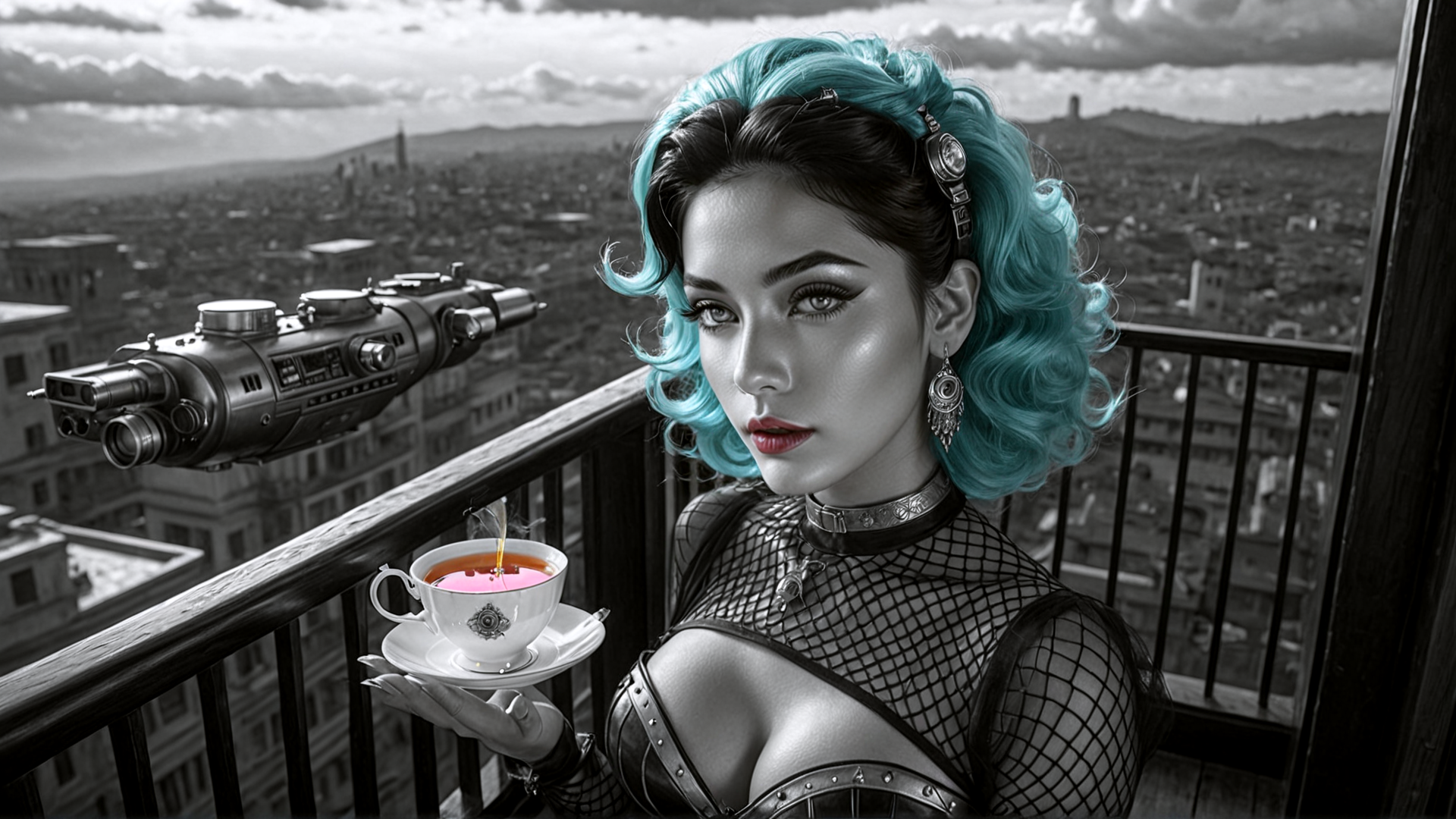 AI generated wallpaper featuring woman, teacup, cityscape, balcony, futuristic camera