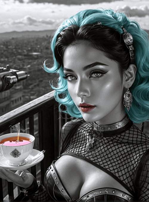 woman, teacup, cityscape, balcony, futuristic camera