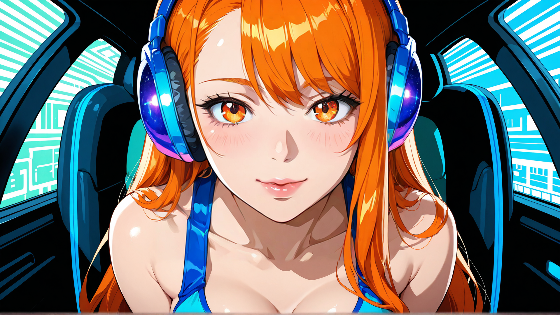 AI generated wallpaper featuring girl, headphones, car, hair, ears, shoulders, chest, neck, face, eyes