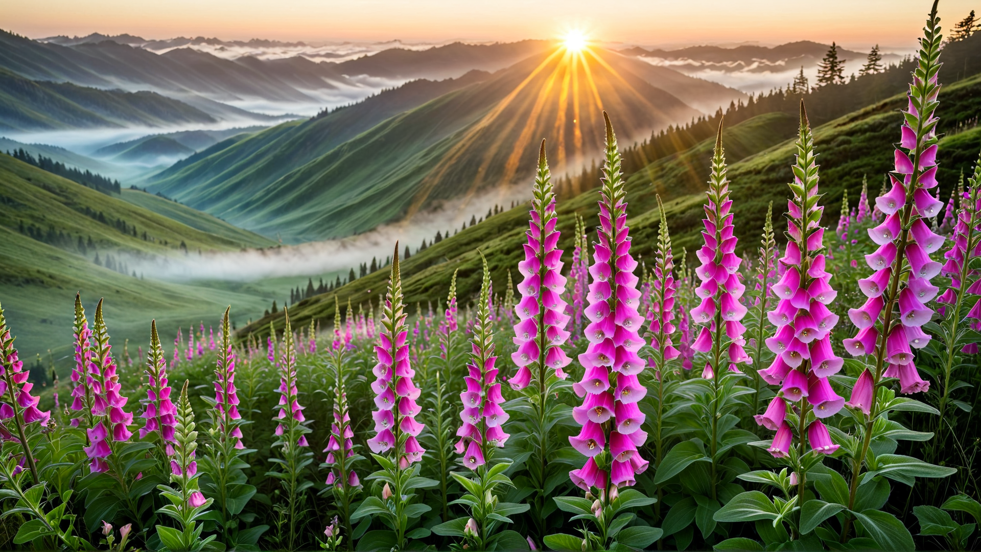 AI generated wallpaper featuring flowers, mountains, sun, moss, hills, clouds, trees, valley, greenery, sunset