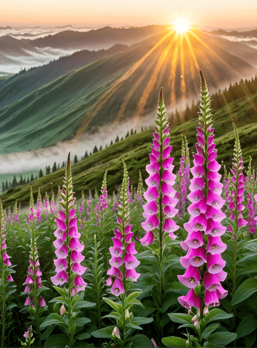 flowers, mountains, sun, moss, hills, clouds, trees, valley, greenery, sunset