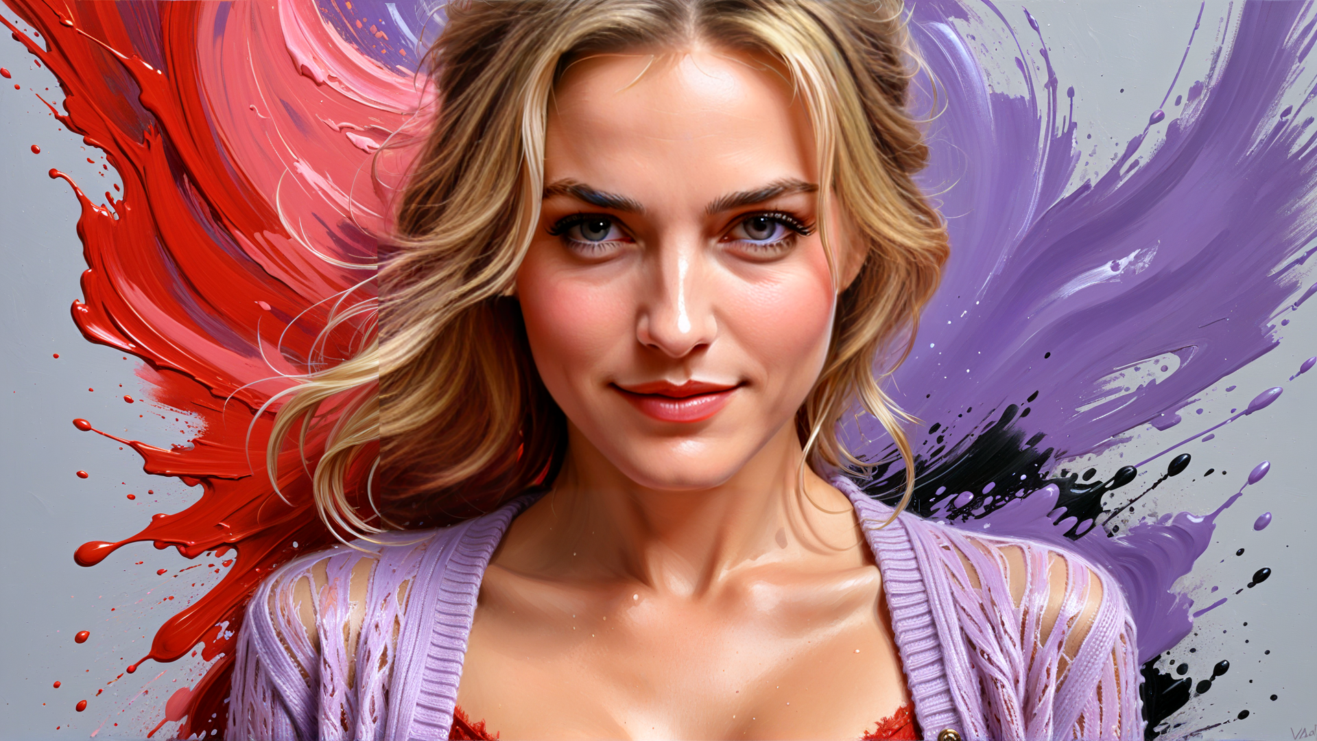 AI generated wallpaper featuring woman, painting, portrait, hair, cardigan