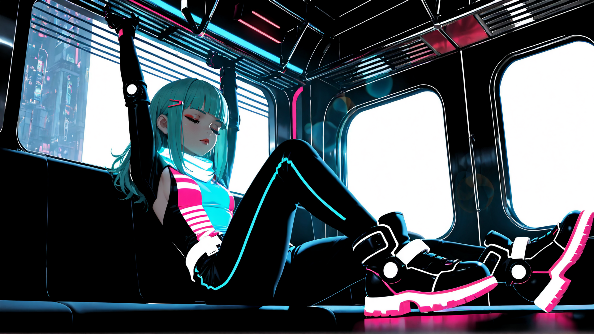 AI generated wallpaper featuring girl, anime, train, neon, cityscape