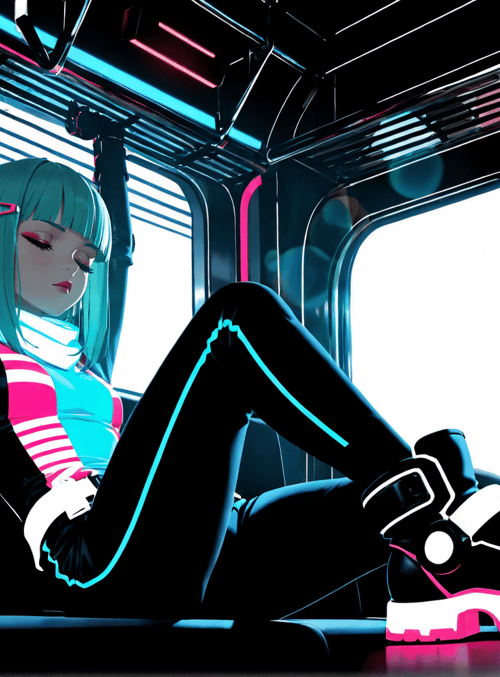 girl, anime, train, neon, cityscape