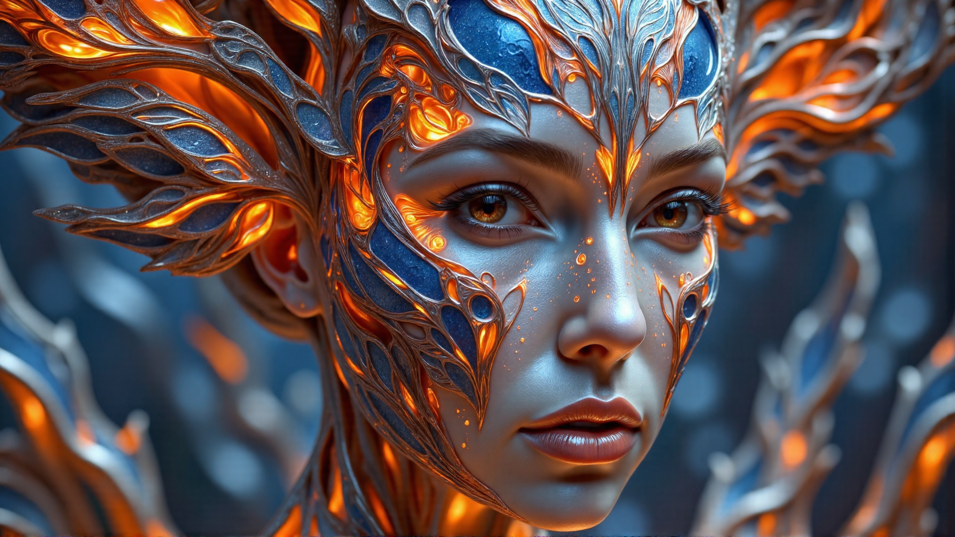 AI generated wallpaper featuring woman, face, art, ornament, fire, feather, dragon, glow, symbol, lattice
