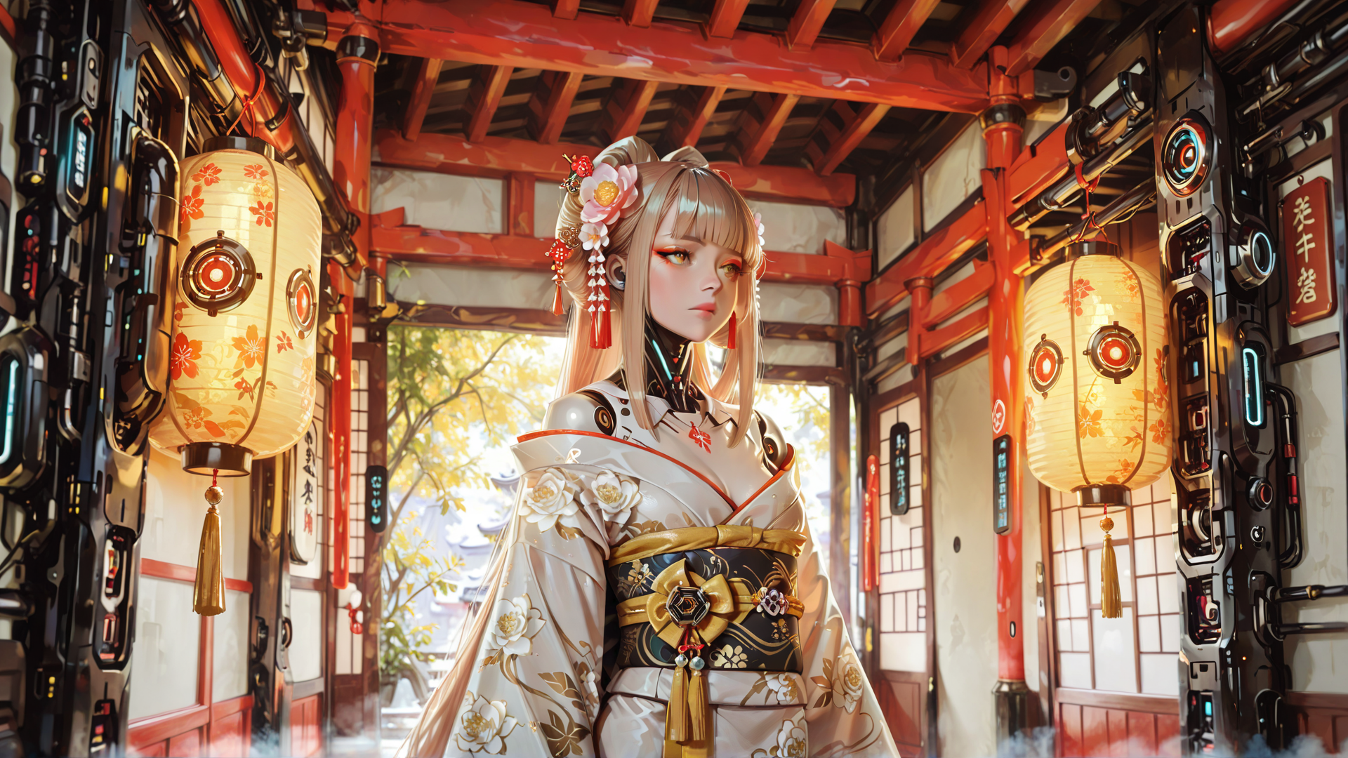 AI generated wallpaper featuring cyberpunk, geisha, lantern, traditional, robot, kimono, chinese, architecture, sakura, mechanical