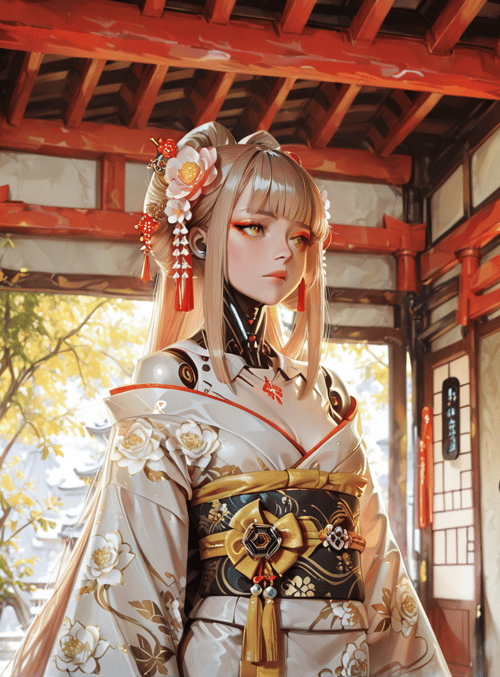 cyberpunk, geisha, lantern, traditional, robot, kimono, chinese, architecture, sakura, mechanical