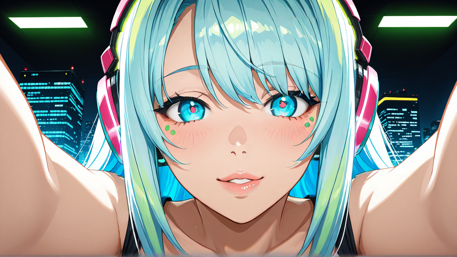 AI generated wallpaper featuring anime girl, headphones, cityscape, cyberpunk