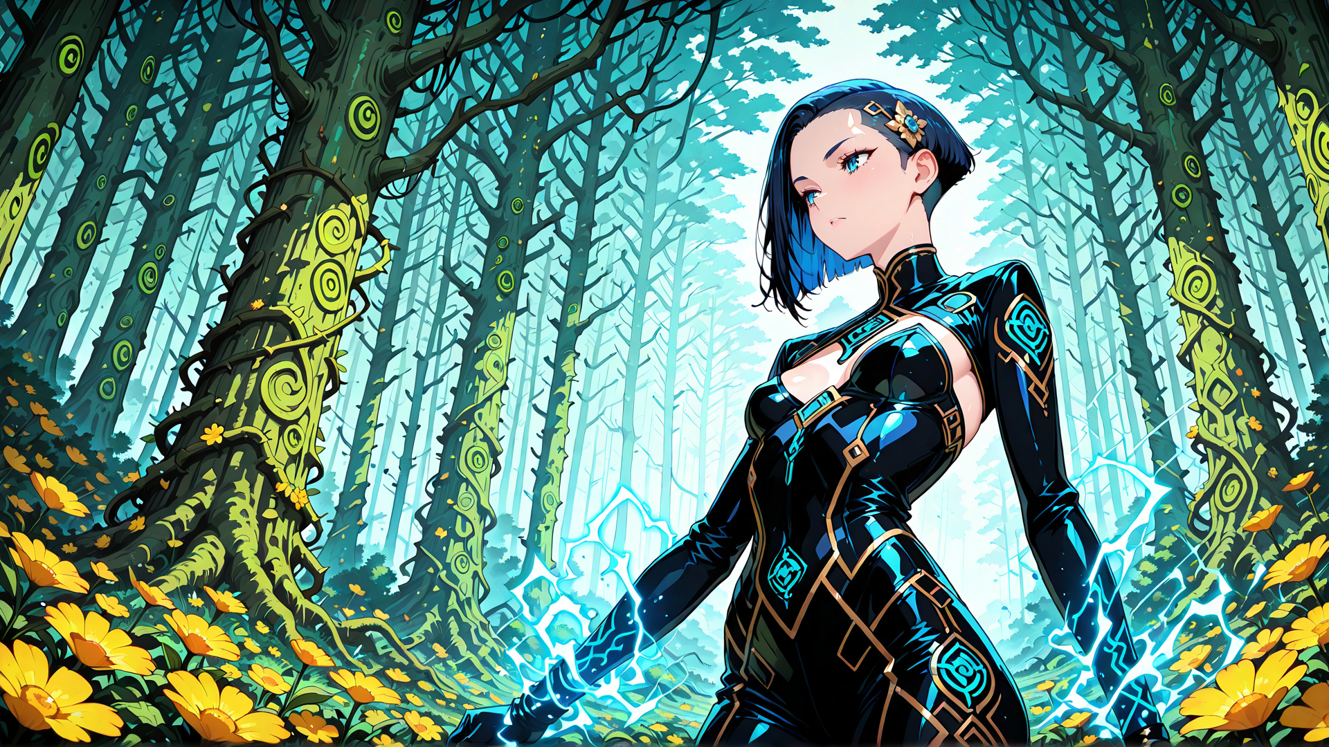 AI generated wallpaper featuring woman, forest, trees, flowers, armor
