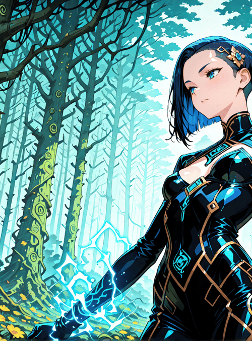 woman, forest, trees, flowers, armor