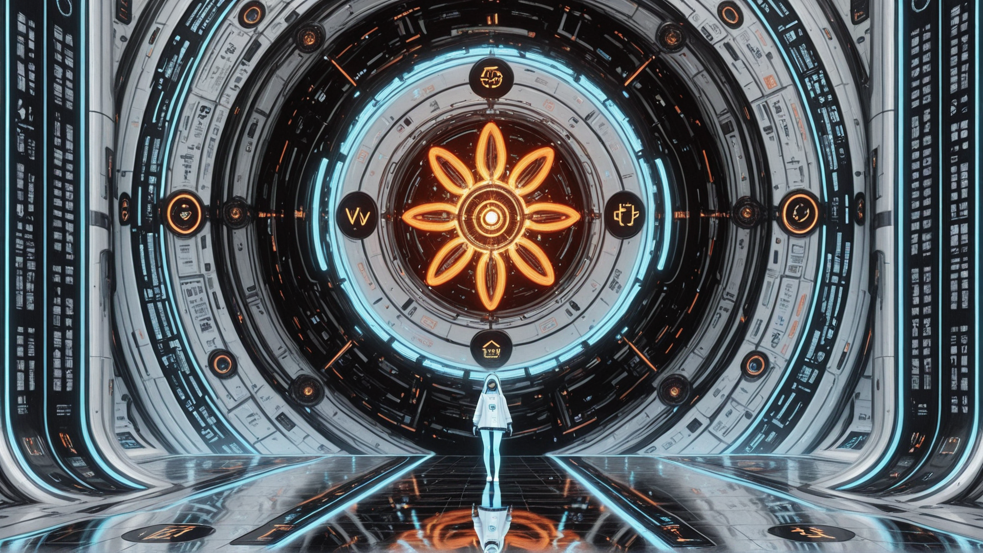 AI generated wallpaper featuring person, futuristic, corridor, circular, design, technology, gears, lights, interface, digital