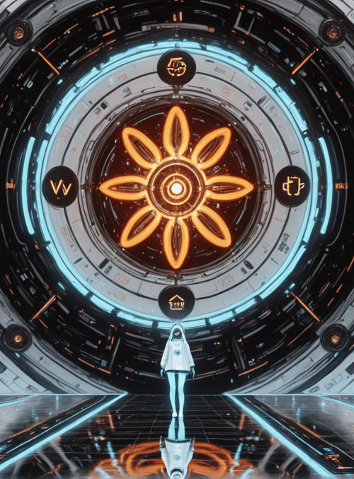 person, futuristic, corridor, circular, design, technology, gears, lights, interface, digital