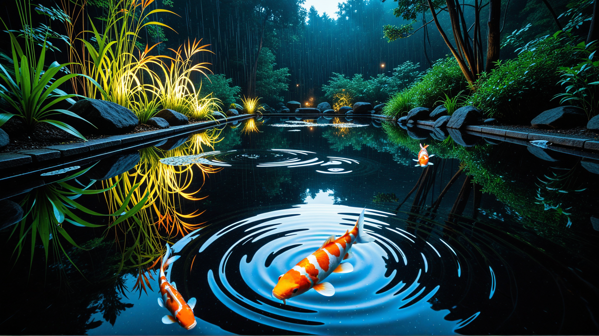 AI generated wallpaper featuring koi fish, pond, plants, rain, trees, rocks, water, lily pads, reflections, light