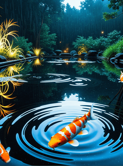 koi fish, pond, plants, rain, trees, rocks, water, lily pads, reflections, light