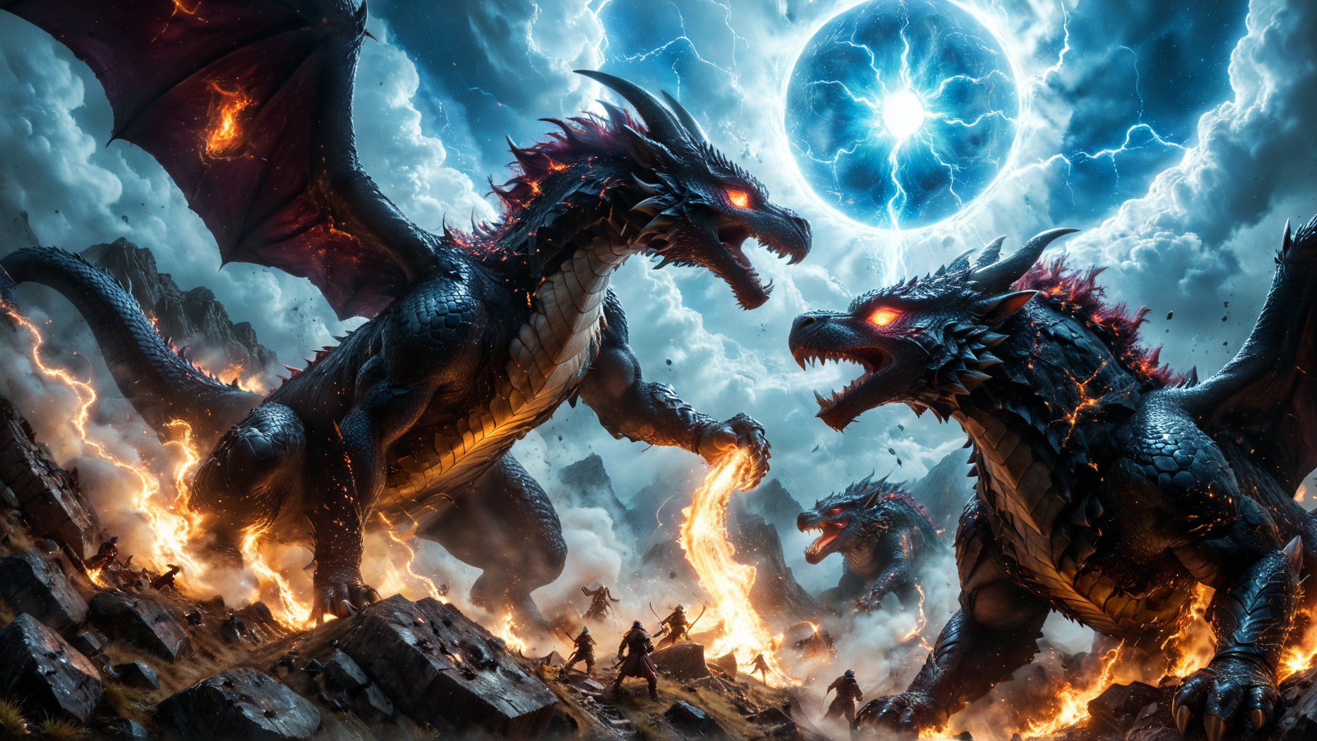 AI generated wallpaper featuring dragons, soldiers, fire