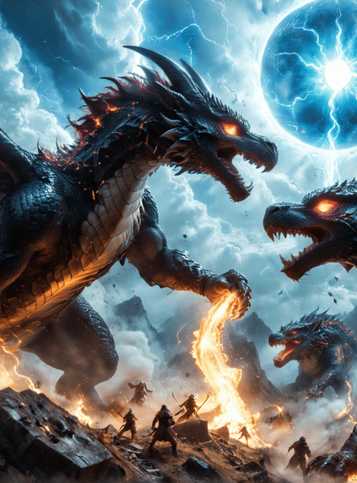 dragons, soldiers, fire