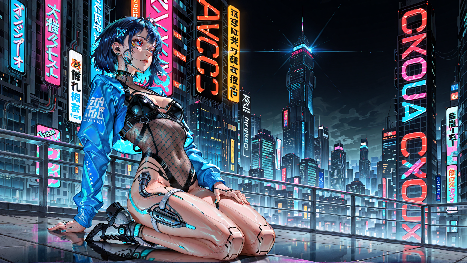AI generated wallpaper featuring cyberpunk woman, neon city, kneeling figure, futuristic outfit, urban skyline