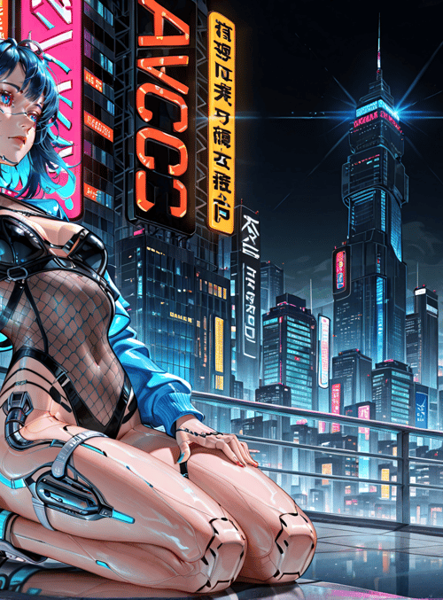 cyberpunk woman, neon city, kneeling figure, futuristic outfit, urban skyline