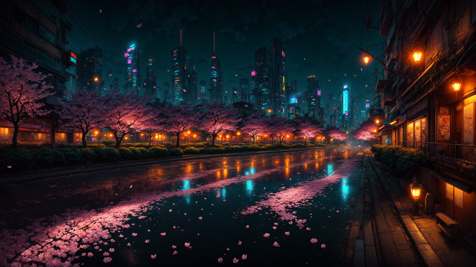 AI generated wallpaper featuring city, cherry blossoms, street
