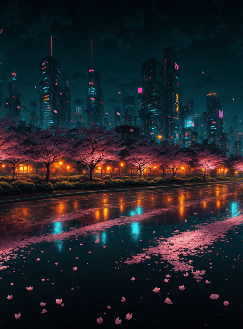 city, cherry blossoms, street