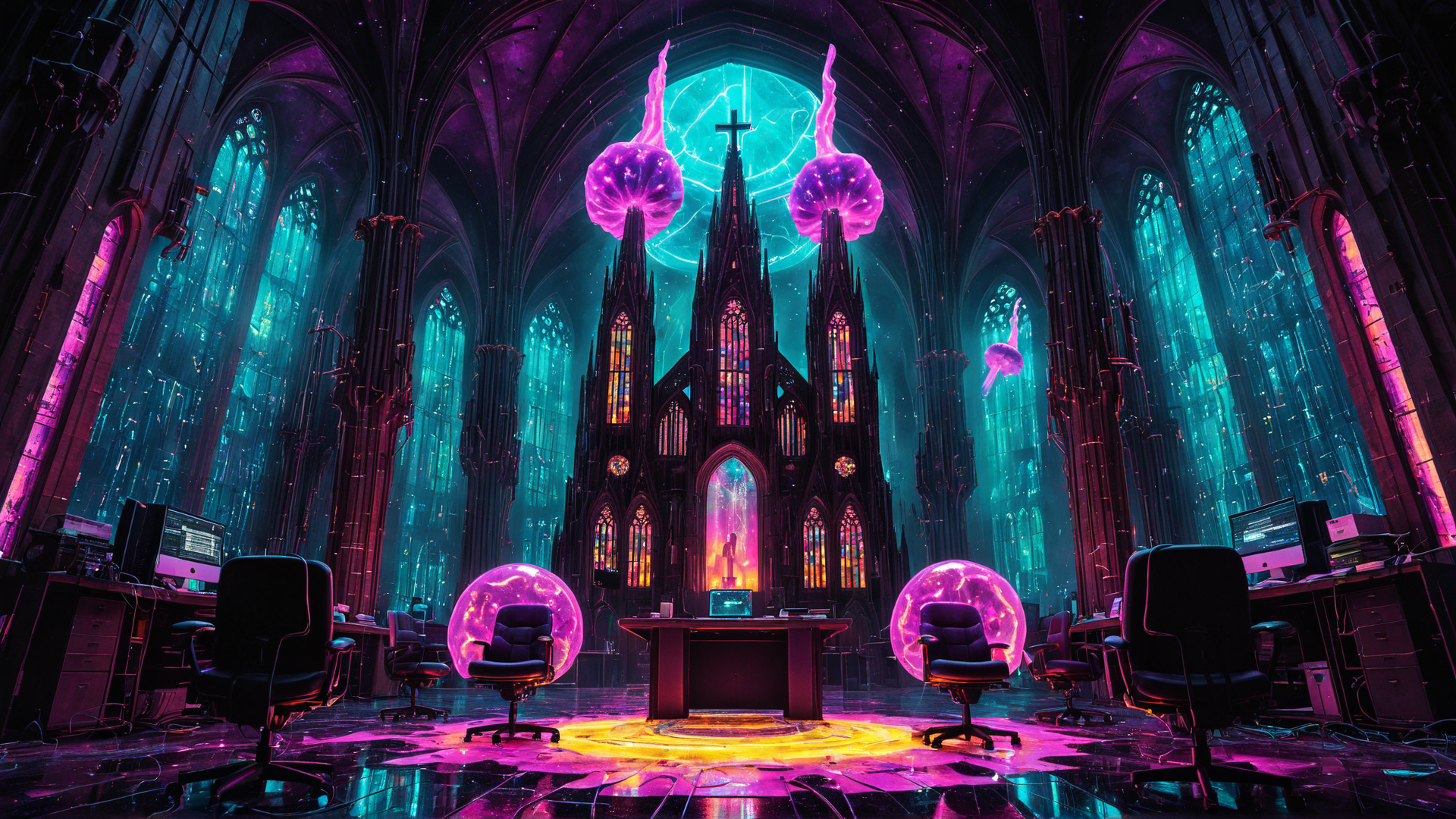AI generated wallpaper featuring cathedral, office, spheres