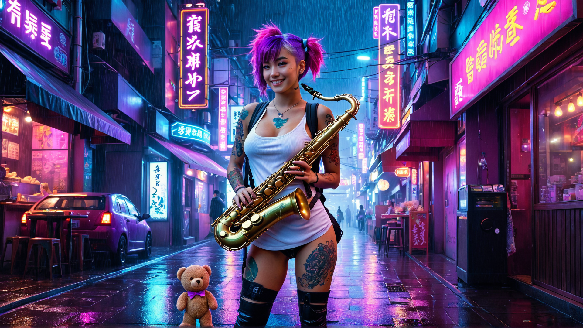 AI generated wallpaper featuring woman, saxophone, teddy bear
