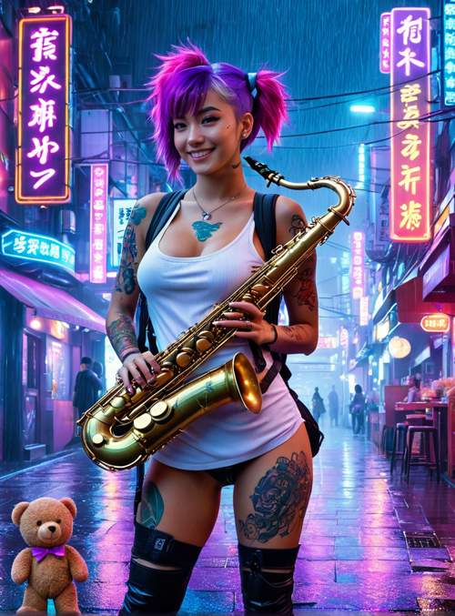 woman, saxophone, teddy bear