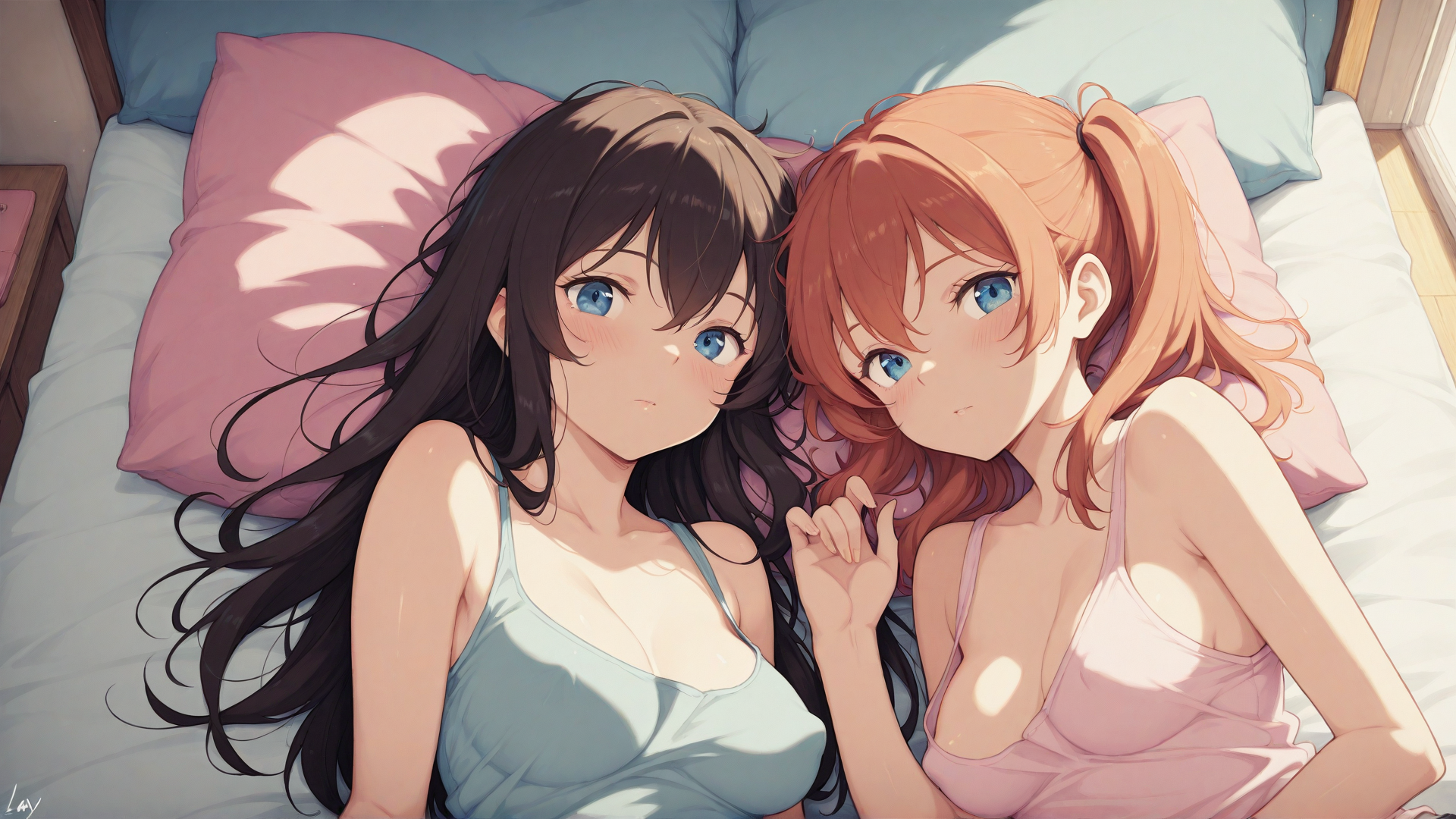 AI generated wallpaper featuring girls, bed, sleepwear