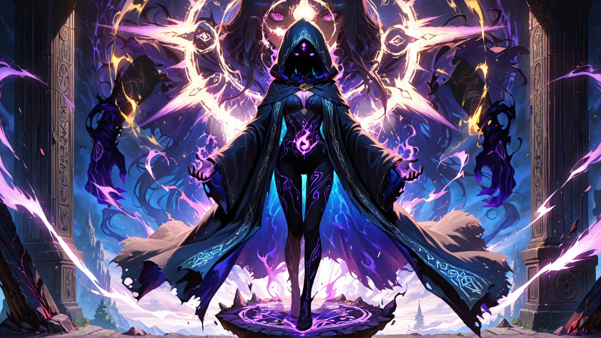 AI generated wallpaper featuring mage, sorceress, figure