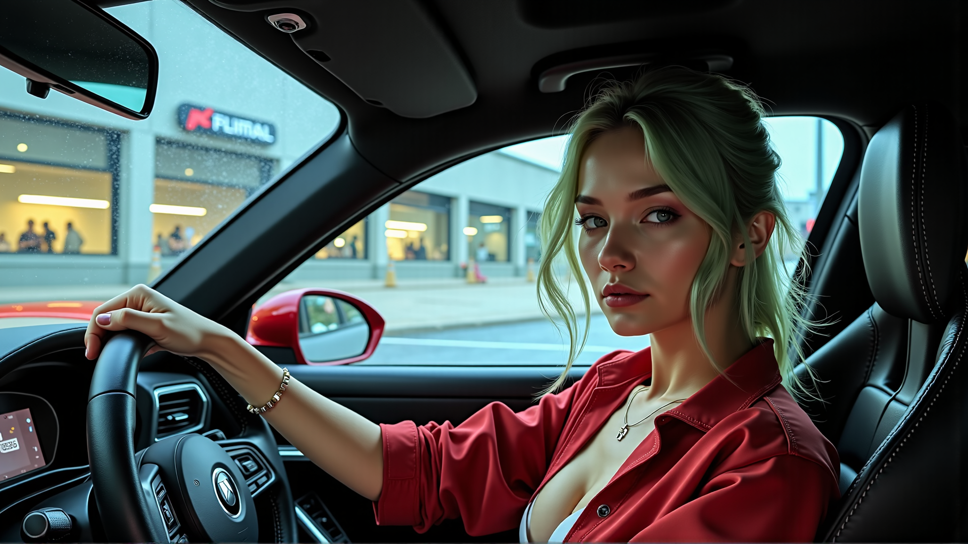 AI generated wallpaper featuring woman, driver, car, steering wheel