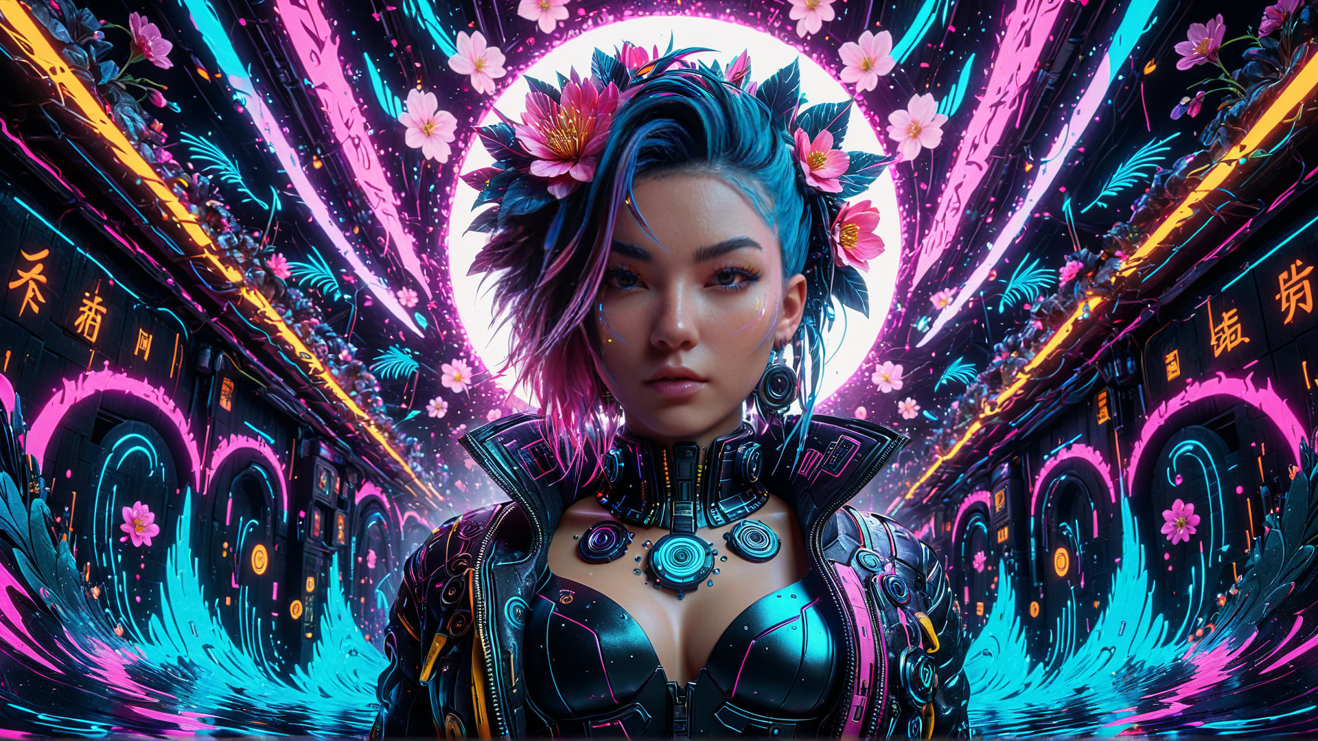 AI generated wallpaper featuring cyberpunk woman, neon alley