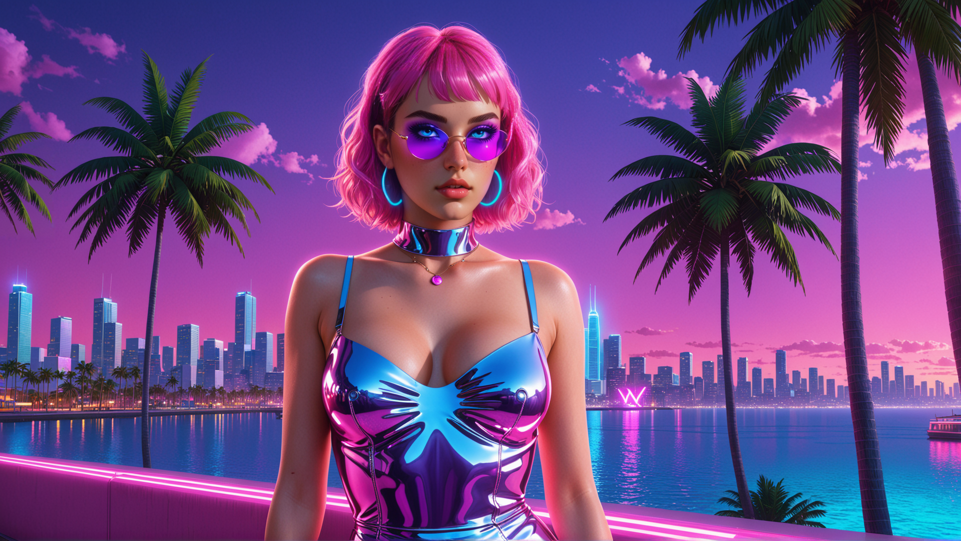 AI generated wallpaper featuring woman, palm trees, cityscape