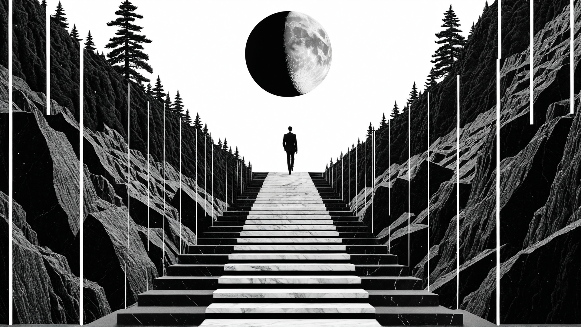 AI generated wallpaper featuring man, stairs, moon, mountains, trees