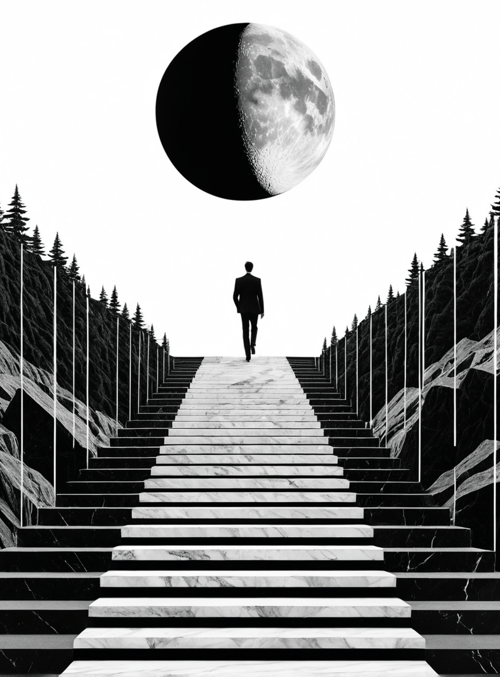 man, stairs, moon, mountains, trees