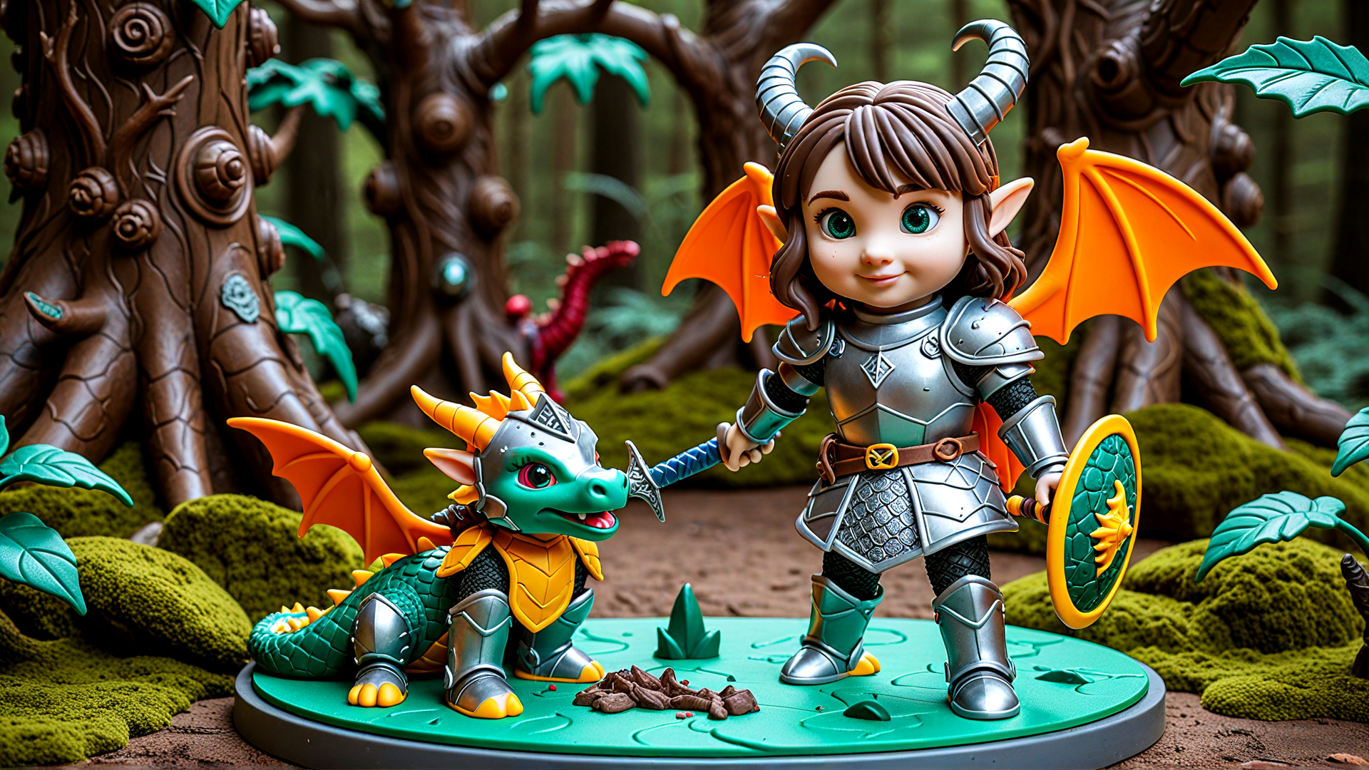 AI generated wallpaper featuring elf, dragon, armor, shield, sword, forest, moss, trees, leaf, helmet