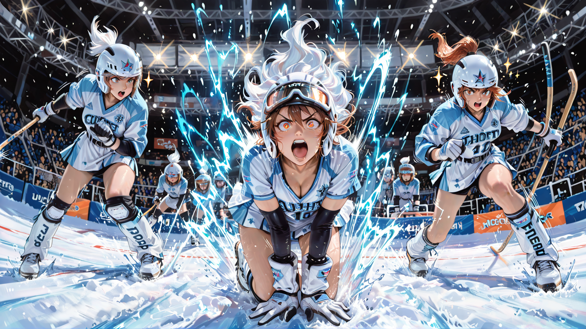 AI generated wallpaper featuring hockey players, athletes, skaters, team, ice, sports, competition, stadium, crowd, helmet