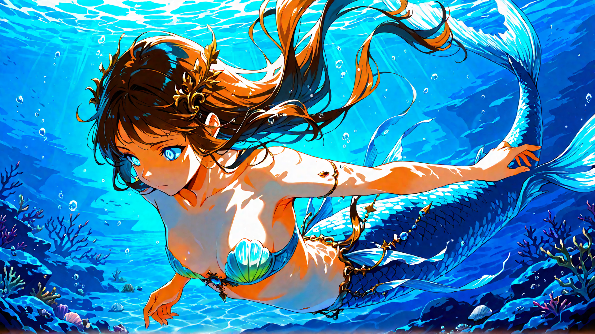 AI generated wallpaper featuring mermaid, girl, fish, coral, ocean, seaweed, bubble, seashell, sunlight, water