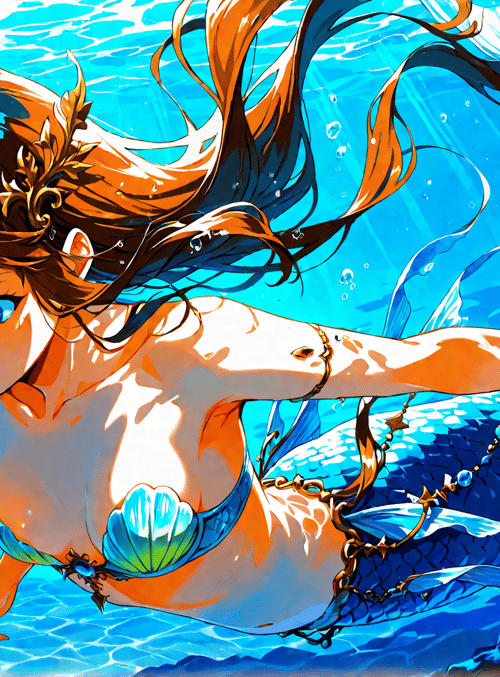 mermaid, girl, fish, coral, ocean, seaweed, bubble, seashell, sunlight, water