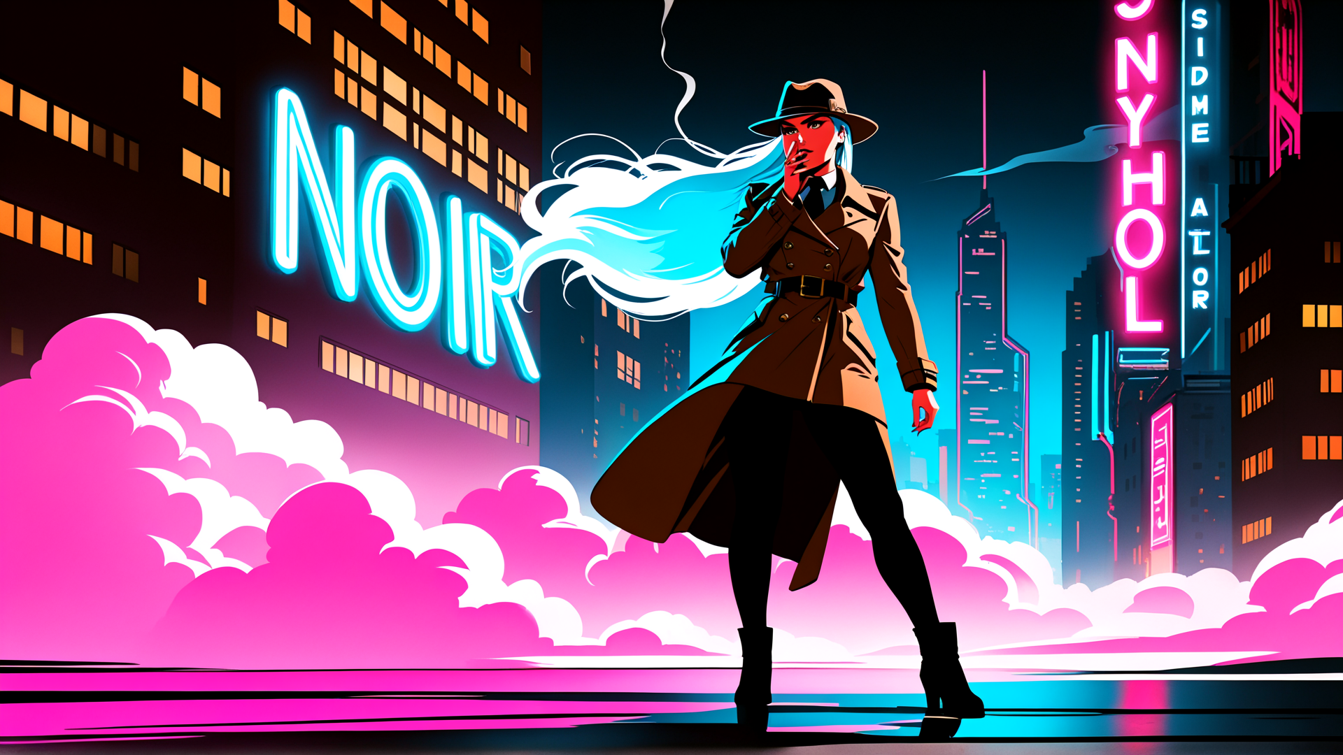 AI generated wallpaper featuring woman, detective, cityscape, neon, clouds, hats, trench coat, signs, smoke, buildings