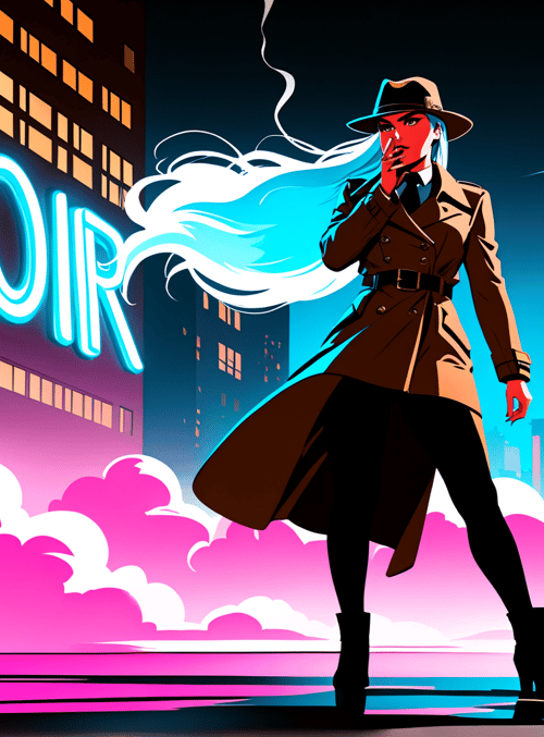 woman, detective, cityscape, neon, clouds, hats, trench coat, signs, smoke, buildings