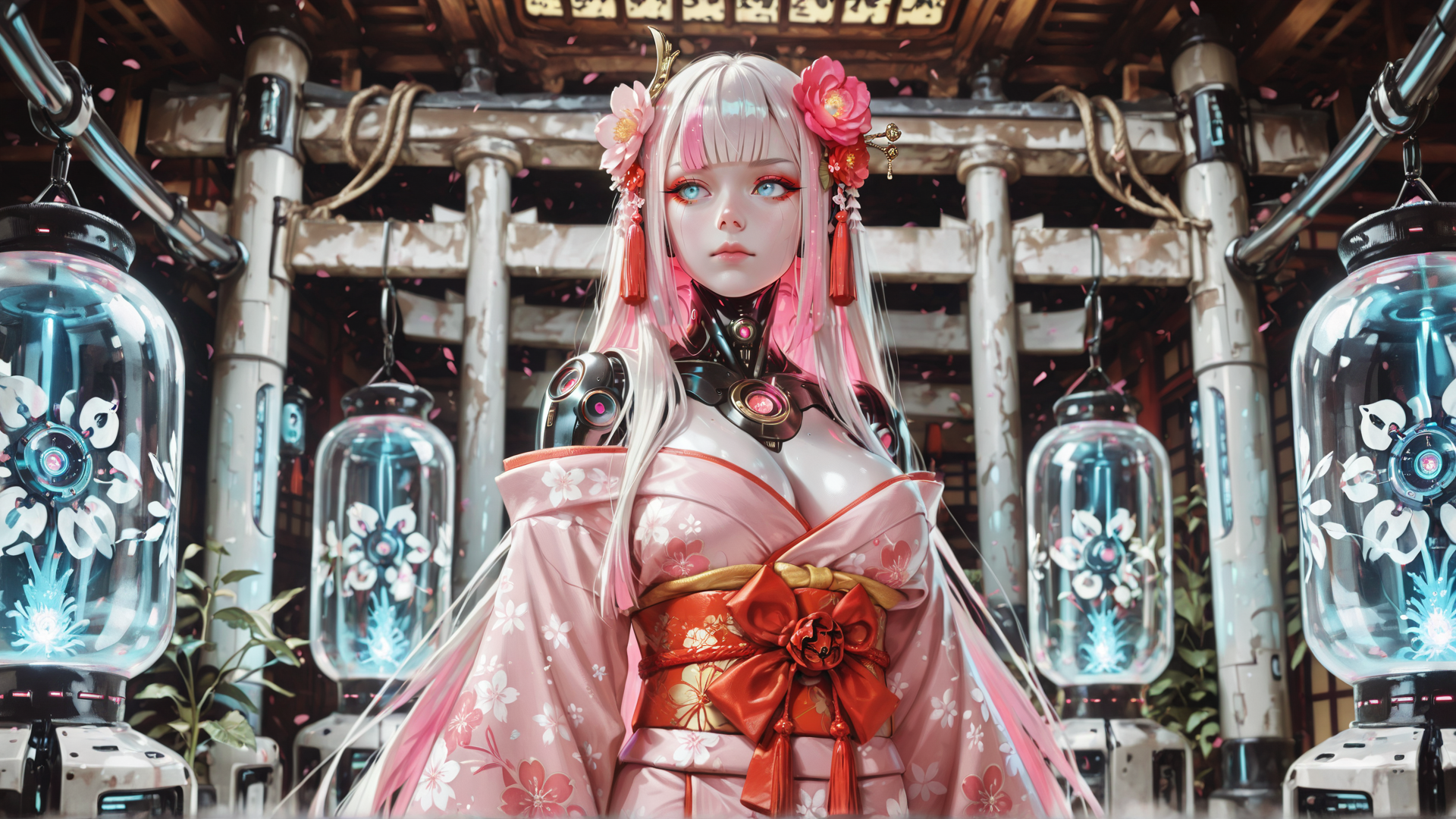 AI generated wallpaper featuring cyberpunk, geisha, sakura, robotic, kimono, cherry blossom, lantern, japanese, mecha, flower