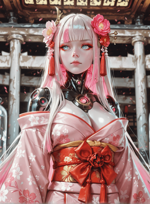 cyberpunk, geisha, sakura, robotic, kimono, cherry blossom, lantern, japanese, mecha, flower