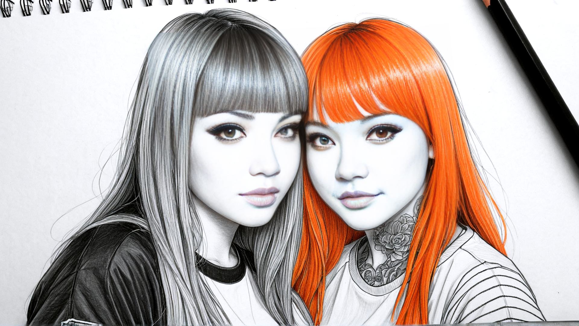 AI generated wallpaper featuring girls, tattoo, hair, sketch