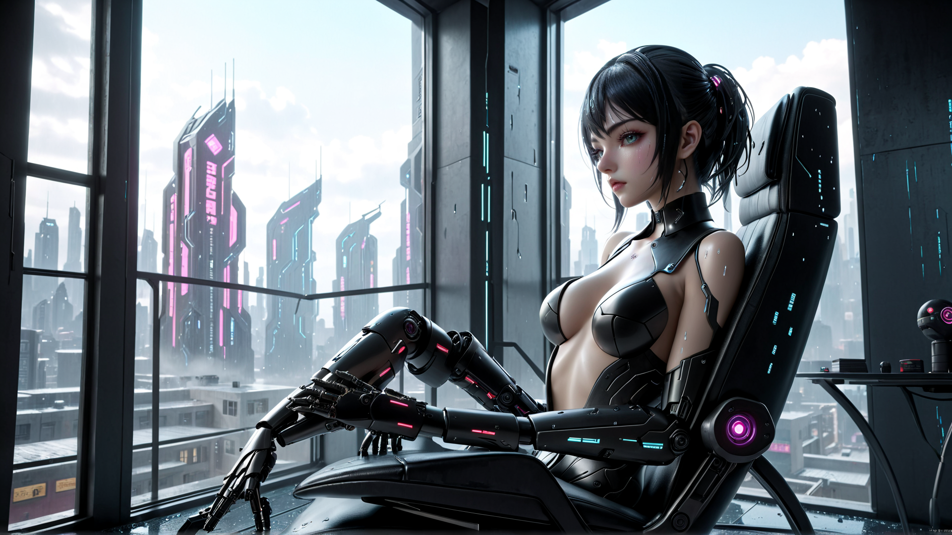 AI generated wallpaper featuring cyborg, woman, chair