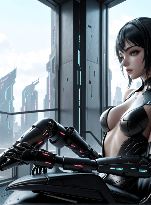 cyborg, woman, chair