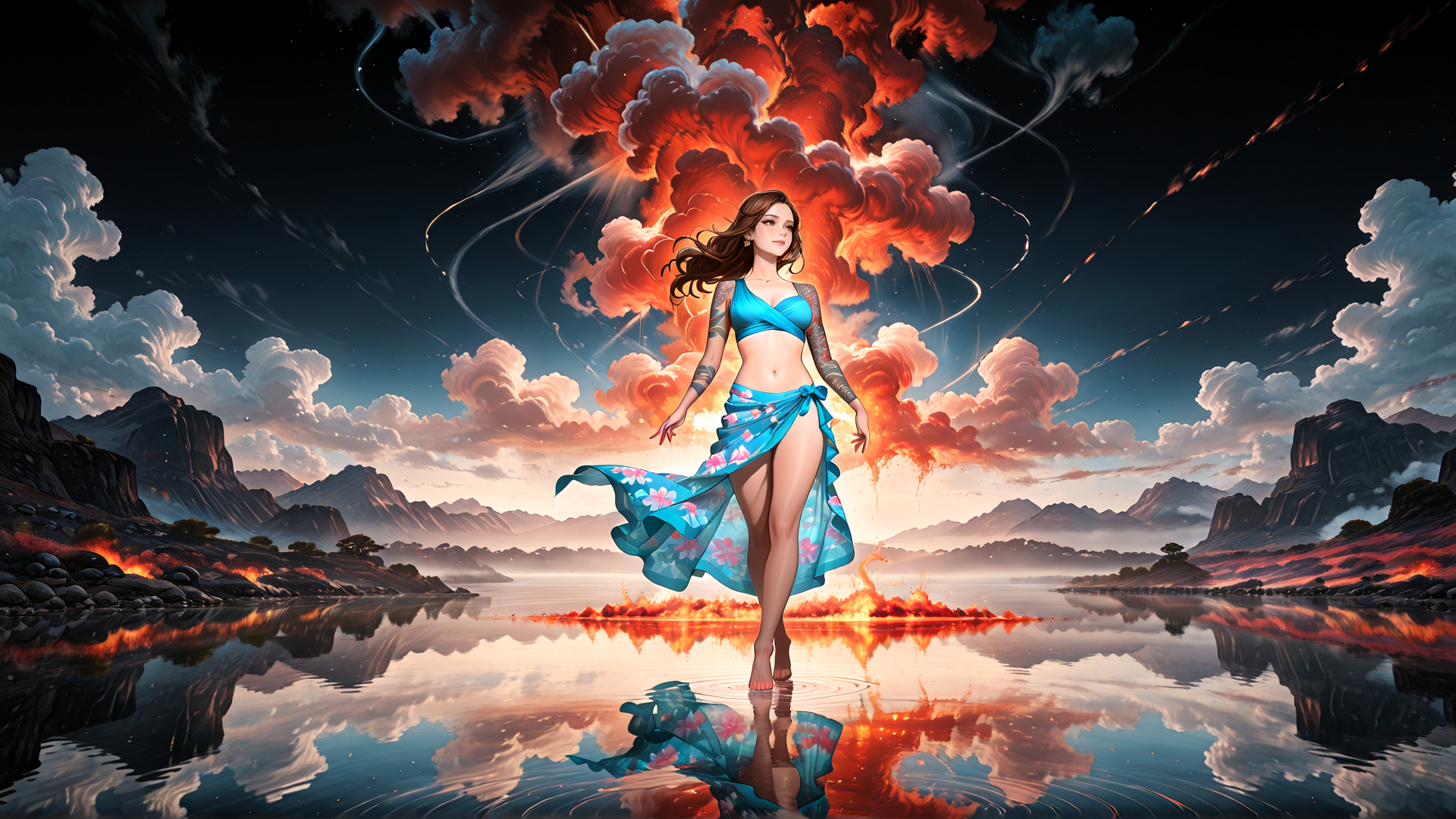 AI generated wallpaper featuring woman, clouds, mountains, water, fire