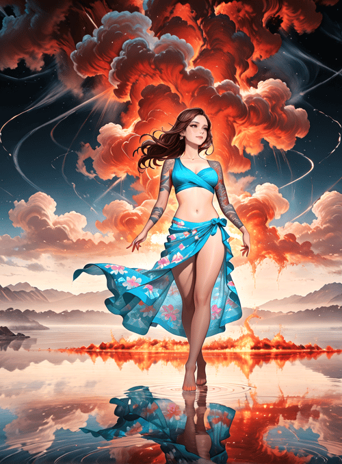 woman, clouds, mountains, water, fire