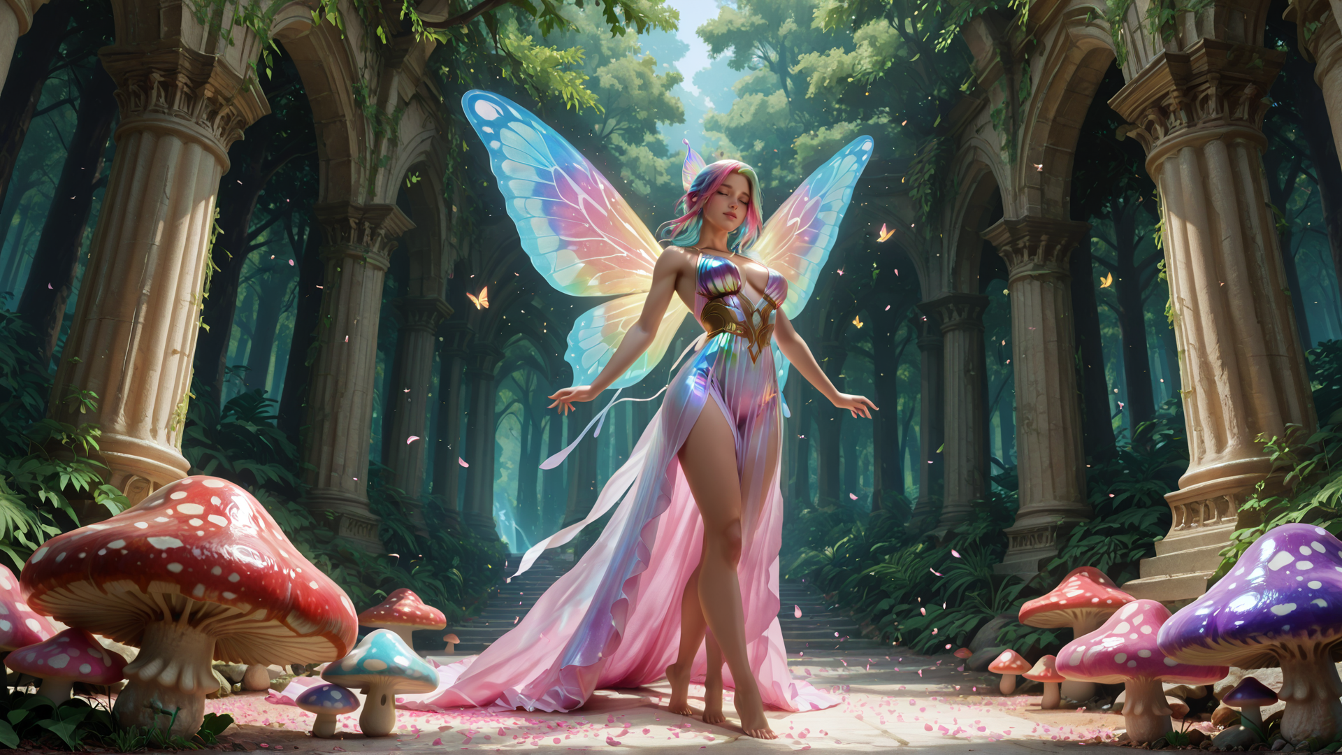 AI generated wallpaper featuring fairy, mushroom, column, butterfly, forest, dress, wing, stone, plant, light